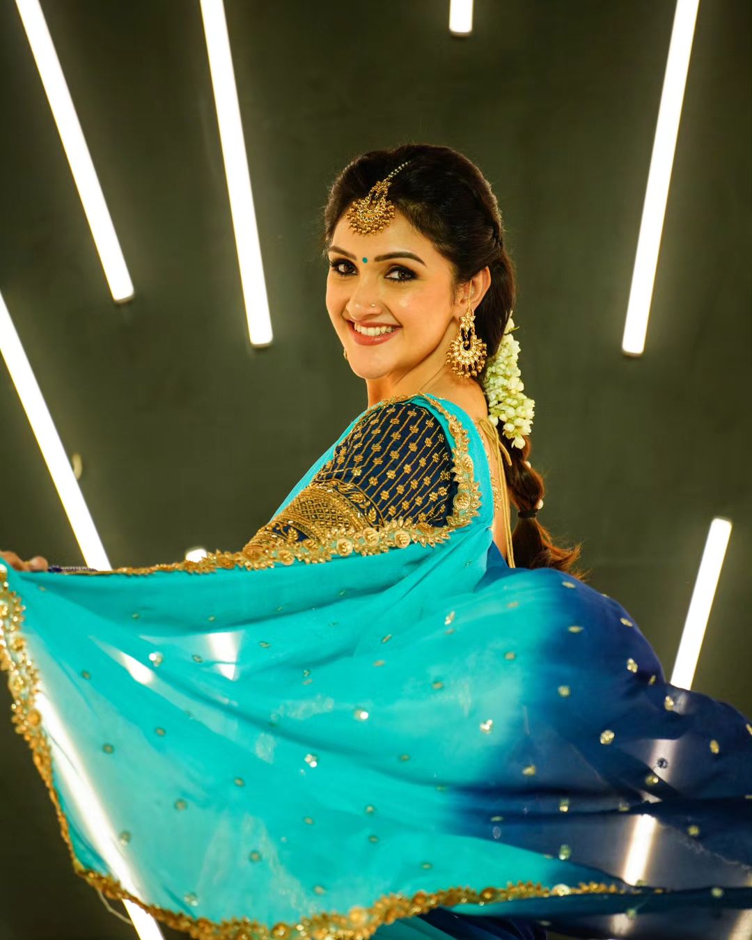 Telugu Tv Actress Sridevi Vijaykumar in Sky Blue Lehenga Choli